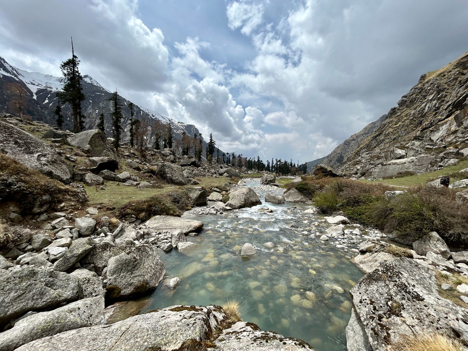 Boulder-strewn Himalayan stream below snow-capped peaks